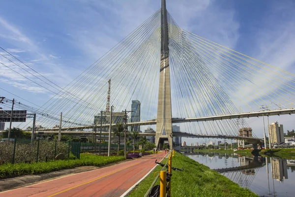 Vacker Cykelled Passerar Bron Kabel Stannade Bredvid Floden Pinheiros Sao — Stockfoto