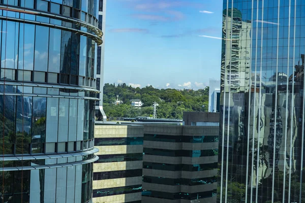 View at modern courtyard. Facade of modern building. Sao Paulo city, Brazil. South America.