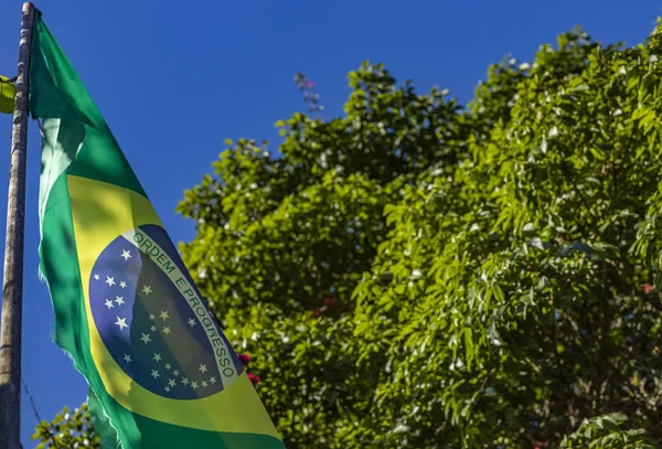 Bandeira Brasil Rasgada Bandeira Brasil Soprando Sobre Fundo Natureza — Fotografia de Stock