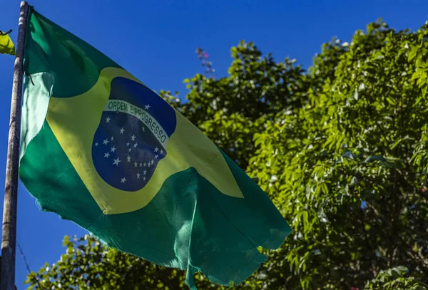 Bandeira Brasil Rasgada Bandeira Brasil Soprando Sobre Fundo Natureza — Fotografia de Stock