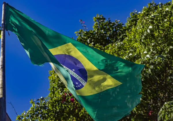 Flaga Wietrze Zielona Żółta Niebieska Flaga Flaga Brazylijska — Zdjęcie stockowe