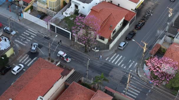 パトカーはゆっくりと通り過ぎる 道路間の交差点の上部図 ブラジル サンパウロ市 — ストック動画