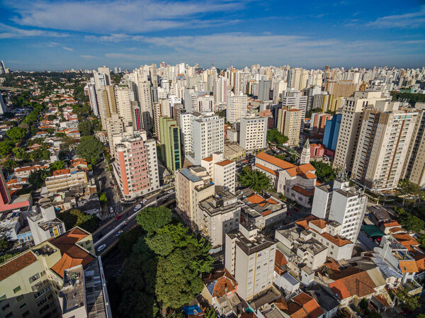 Metropole view from above. Aerial view of Sao Paulo city, Brazil South America. Pacaembu Avenue. Via Elevado President Joao Goulart. The neighborhood of Perdises and Barra Funda.
