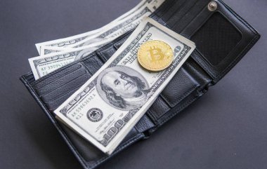 Altın sikke bitcoin bize yüz dolar deri para dolu bir cüzdan. Kripto para madenciliğinden kar. Dolar ve altın bitcoin ile madenci. Bussiness, ticari. Para birimi.