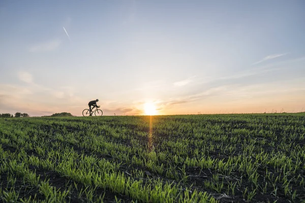 Landbouwgronden en een man fietstocht een in de zonsondergang. Fietsen bij zonsondergang. Gezonde levensstijl Concept. Mannelijke rit fiets in de zonsondergang. Biker fietsen op zonsondergang hemel op een veld. Sport. — Stockfoto