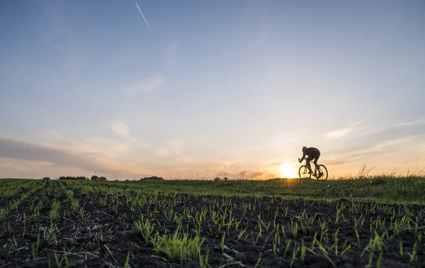 农田和一个男人在日落时骑自行车。在日落时骑自行车。健康的生活方式概念。男骑自行车在太阳设置。骑车人骑自行车在日落的天空上的田野上。运动. — 图库照片