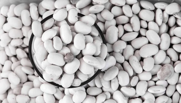 Bean の背景を持つガラスで生有機白黒い豆にクローズ アップ。マクロ。微細セルロース、ビタミン豊富な健康栄養食品。精進します。野菜ダイエット. — ストック写真