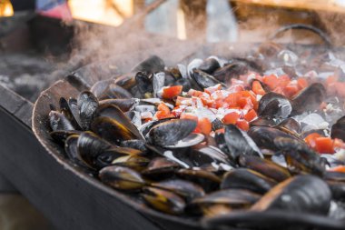 Taze ızgara tava, midye. Deniz açık havada barbekü. Piknik sağlıklı gıda, midye kabukları içinde. Çok geniş metalik pan pişirme midye kabukları.