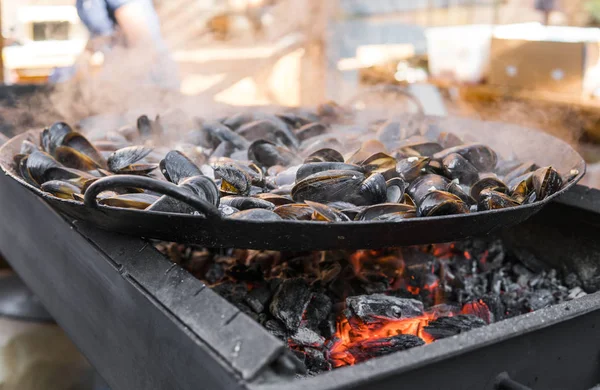 Taze ızgara tava, midye. Deniz açık havada barbekü. Piknik sağlıklı gıda, midye kabukları içinde. Çok geniş metalik pan pişirme midye kabukları.