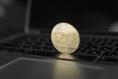 Dash sikke simge laptop. Kavram finansal para birimi, kripto para birimi işareti. Blockchain incelemesi. Dijital para ve sanal cryptocurrency kavramı. Ticaret, ticari.