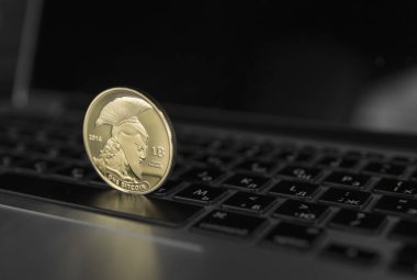 Titan bitcoin sikke simge laptop. Kavram finansal para birimi, kripto para birimi işareti. Blockchain incelemesi. Dijital para ve sanal cryptocurrency kavramı. Ticaret, ticari.