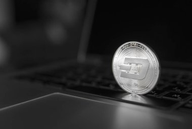 Dash sikke simge laptop. Kavram finansal para birimi, kripto para birimi işareti. Blockchain incelemesi. Dijital para ve sanal cryptocurrency kavramı. Ticaret, ticari.