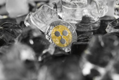 Altın dalgalanma sikke buz arka plan üzerinde. Kış karşılığında kavramı. Dondur. Blockchain incelemesi. Dijital para ve sanal cryptocurrency kavramı. Iinvestment. Ticaret, ticari.
