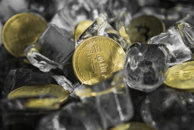 Buz arka plan üzerinde birçok altın bitcoin paralar. Dondur. Blockchain incelemesi. Dijital para ve sanal cryptocurrency kavramı. Iinvestment. Ticaret, ticari.