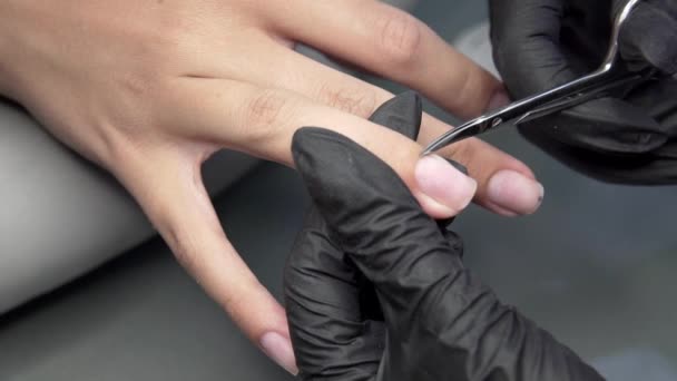 Couper la cuticule des ongles par des ciseaux à ongles dans le salon professionnel des ongles. Beaux ongles féminins et manucure . — Video