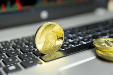 Altın titan bitcoin madeni para ile altın, gümüş klavyesindeki laptop ve diyagram grafik grafik arka plan olarak bir ekranda etrafında yalan. Bitcoins online iş araştırma. Titans ticaret.