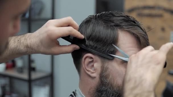 Close Barber Cuts Hair Scissors Barbershop Hairdressers Hands Working Process — Stock Video