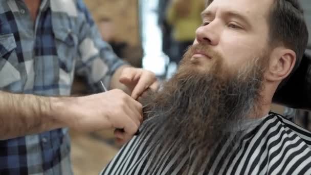 Kapper doet beards kapsel met volwassen mannen met een lange baard in de kapsalon van de mens. Het verzorgen van de baard. Kappers op de werkplek. Baard hairstyling en haircutting in een kapper. — Stockvideo