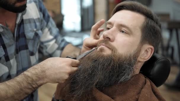 Frisör göra skägg frisyr med vuxna män med långa skägg i mens frisörsalongen. Grooming skägget. Frisörer på arbetsplatsen. Beard hårstyling och klippning i frisörsalong. — Stockvideo