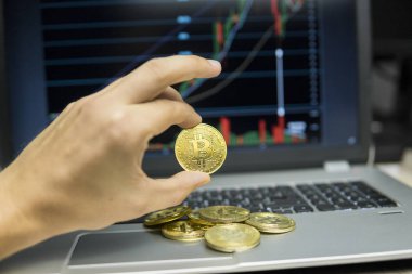 Bitcoin büyüme grafik bir ekran dizüstü ve altın sikke yığını üzerinde bir arka plan üzerinde tutan erkek işadamı el. Grafik arka planı üzerinde sanal para finansal büyüme kavramı. Madencilik Ticaret.