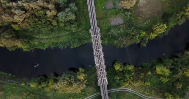 Железная дорога через реку. Железнодорожный мост над рекой. Вид с высоты птичьего полета на железнодорожный мост, идущий над рекой. Красивая осенняя природа . — стоковое видео