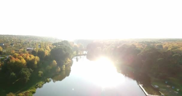 Vista aérea del colorido bosque otoñal. Mira hacia abajo en el bosque de otoño. Mirando hacia abajo en árboles coloridos de otoño increíblemente hermosos. Vista aérea de sobrevuelo de drones. Volando sobre el hermoso río del bosque . — Vídeo de stock