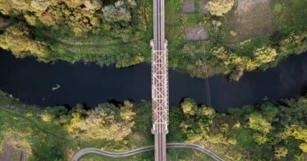 Railway through river. Railway bridge above the river. Bird eye view on a railway bridge which going above the river. Beautiful autumn nature. — Stock Video