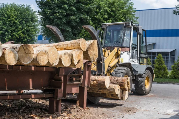 Forklift truck grabs wood in a wood processing plant. Large log loader unloading a log truck in the log yard at a conifer log mill. Processing of timber at the sawmill. — Stock Photo, Image