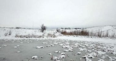 Donmuş gölet bir kar ve bitkileri ile kaplı bir karla kaplı. Kış manzarası.