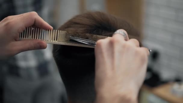 Close-up em Mens hairstyling e corte de cabelo em uma barbearia ou salão de cabeleireiro usando tesoura e secador de cabelo. A arrumar o cabelo. Barbearia . — Vídeo de Stock