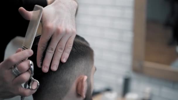 Primer plano en los hombres peinado y corte de pelo en una peluquería o peluquería utilizando tijeras y secador de pelo. Aseo el cabello. Peluquería . — Vídeos de Stock