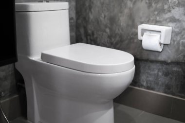 Beton tarzı nda gri fayans ve duvarda tuvalet kağıdı ile ev banyosunda beyaz tuvalet üzerinde beyaz asılı klozet. Banyo lüks iç.