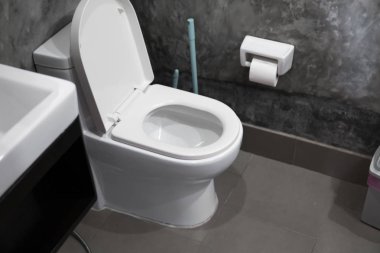 Beton tarzı nda gri fayans ve duvarda tuvalet kağıdı ile ev banyosunda beyaz tuvalet üzerinde beyaz asılı klozet. Banyo lüks iç.