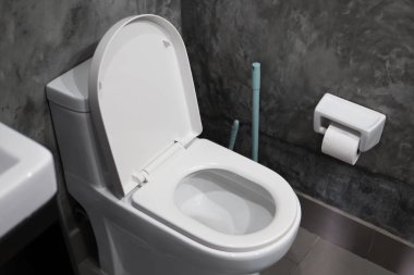 Beton tarzı nda gri fayans ve duvarda tuvalet kağıdı ile ev banyosunda beyaz tuvalet üzerinde beyaz asılı klozet. Banyo lüks iç.