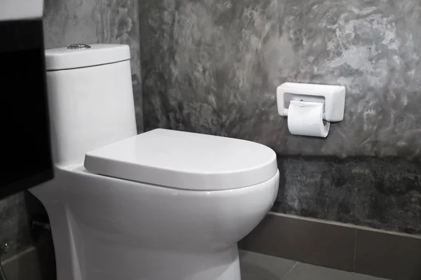 Sedile WC bianco appeso sulla toilette bianca nel bagno di casa con piastrelle grigie in stile cemento e carta igienica sulla parete. Bagno interno di lusso . — Foto Stock