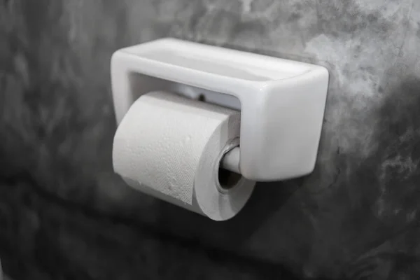 Biała rolka miękkiego papieru toaletowego starannie wiszące na nowoczesnym białym uchwytem na ścianie w stylu betonu łazienka. Luksusowa i stylowa łazienka z konkretnymi ścianami w stylu. — Zdjęcie stockowe