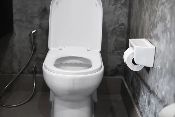 White hanging toilet seat on white toilet in the home bathroom with grey tiles in concrete style and toilet paper on the wall. Bathroom luxury interior. — Stock Photo, Image