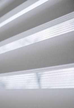 Oturma odasında beyaz plastik pencereüzerinde beyaz kumaş rulo jaluman detayları. Rulo perdeleri kapalı kapatın.