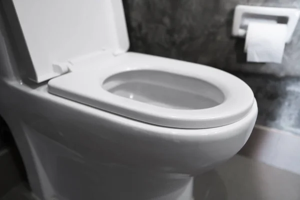Sedile WC bianco appeso sulla toilette bianca nel bagno di casa con piastrelle grigie in stile cemento e carta igienica sulla parete. Bagno interno di lusso . — Foto Stock