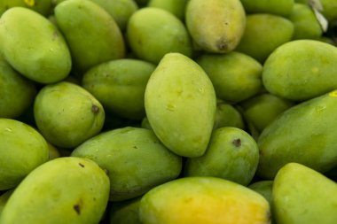 Yeşil sulu taze mango meyvesi dokusu. Taze yeşil mango grubu .Thai meyveli tropikal mango satıyor. Tropikal ve egzotik meyveler. Sağlıklı ve vitaminli gıda kavramı.