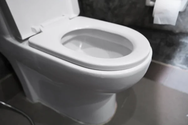 White hanging toilet seat on white toilet in the home bathroom with grey tiles in concrete style and toilet paper on the wall. Bathroom luxury interior. — Stock Photo, Image