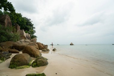 Tayland 'ın güneyindeki tropikal adada bulutlu bir günde kayalık bir sahil..