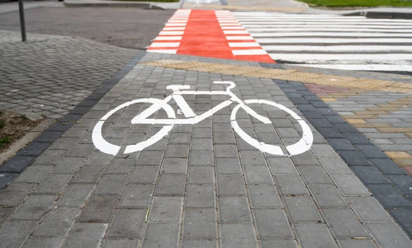 El carril bici con un símbolo de la bicicleta en el suelo a través de la carretera avtomobile. Carriles bici en una ciudad moderna . — Foto de Stock