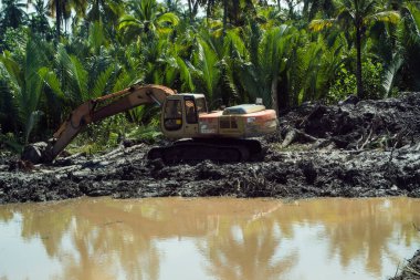 THAILAND, PHUKET - 15 Aralık 2019: Çamurda bir kazıcı duruyor. Arka planda palmiye ağaçları olan bir yol inşaatında kazıcı..