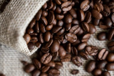 Keten bir torbadan yayılmış kahve. Keten tekstil üzerinde taze Arap kahve çekirdekleri..