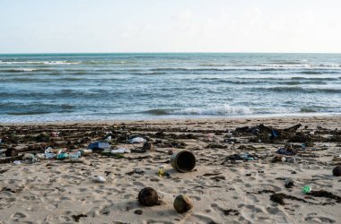 KOH SAMUI, THAILAND - 15 Aralık 2019: Plastik şişeler ve Koh Samui adasındaki deniz kıyısındaki diğer çöpler gibi plaj kirliliği. Bu çöpler deniz suyuyla kıyıya savruldu..