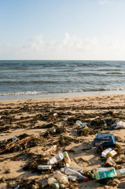 KOH SAMUI, THAILAND - 15 Aralık 2019: Plastik şişeler ve Koh Samui adasındaki deniz kıyısındaki diğer çöpler gibi plaj kirliliği. Bu çöpler deniz suyuyla kıyıya savruldu..