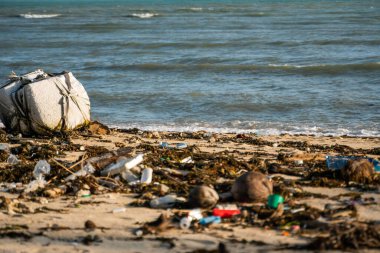 KOH SAMUI, THAILAND - 15 Aralık 2019: Plastik şişeler ve Koh Samui adasındaki deniz kıyısındaki diğer çöpler gibi plaj kirliliği. Bu çöpler deniz suyuyla kıyıya savruldu..