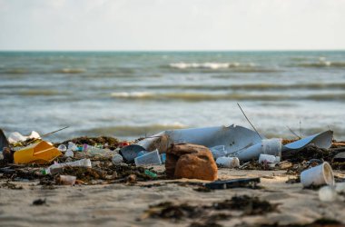 KOH SAMUI, THAILAND - 15 Aralık 2019: Plastik şişeler ve Koh Samui adasındaki deniz kıyısındaki diğer çöpler gibi plaj kirliliği. Bu çöpler deniz suyuyla kıyıya savruldu..