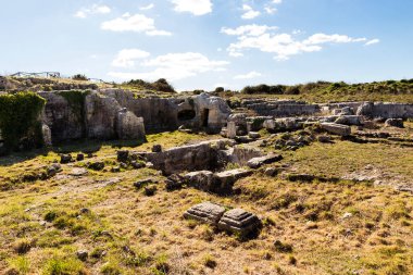 Palazzolo Acreide, Sicilya, İtalya 'daki Akrai Arkeolojik Bölgesi' nde Merkez Bölgenin Panoramik Görüntüleri.